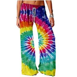 YSGE Pyjamahose Damen,Bequeme Pyjamahose Für Damen, Lässig, Übergröße, Bunter Spiral-Tie-Dye-Druck, Frühling, Lockere Schlafhose, Stretch-Kordelzug, Weites Bein, Yogahose, Lounge, Zuhause, M von LIUYUYOUGO