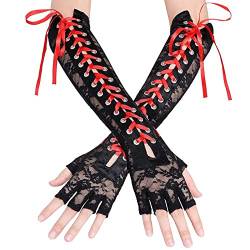 LIUZIXI Fingerlose Netzhandschuhe - Frauen Sexy Spitze Lange Handschuhe Ellenbogen Mesh Handschuhe Band - Etikette Party Gothic Lolita Kostüm Rave Hen Night Zubehör,Rot,Einheitsgröße von LIUZIXI