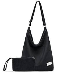 LIVACASA Cord Tasche Groß Umhängetasche Damen Kord mit Reißverschluss Handtasche Shopper Damen Mädchen Tote Bag für Einkauf Alltag Schwarz mit Geldtasche von LIVACASA