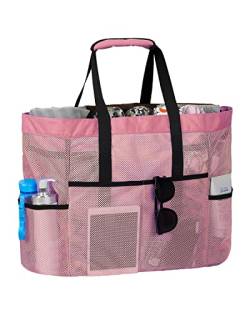 LIVACASA Strandtasche Mesh Extra Gross Meshtasche Faltbar mit Reißverschluss Familie Shopper Vielfäche Umhängetasche Netztasche Weiche Tragetasche Picknicktasche (Rosa, One Size) von LIVACASA