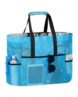 LIVACASA Strandtasche Mesh Extra Gross Meshtasche Faltbar mit Reißverschluss Familie Shopper Vielfäche Umhängetasche Netztasche Weiche Tragetasche Picknicktasche für Sandspielzeug Einkauf Blau von LIVACASA