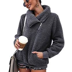 LIVACASA Sweatshirt Damen Winter Warm Hoodie Weich Mädchen Oversized Teddy Fleece Pullover Flauschig Winterpullover Sweater Langarm Pulli mit 2 Tasche Grau L von LIVACASA