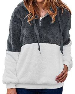 LIVACASA Sweatshirt Damen Winter Warm Hoodie Weich Mädchen Oversized Teddy Fleece Pullover Mit Kaputze Flauschig Winterpullover Sweater Langarm Pulli mit 2 Tasche Gespleißt Grau M von LIVACASA