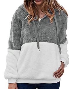 LIVACASA Sweatshirt Damen Winter Warm Hoodie Weich Mädchen Oversized Teddy Fleece Pullover Mit Kaputze Flauschig Winterpullover Sweater Langarm Pulli mit 2 Tasche Gespleißt Hellgrau S von LIVACASA