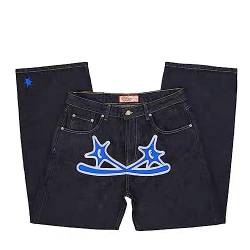 Cargo Baggy Jeans Y2k, Baggy Jogginghose Y2k, Hip-Hop Hose Unisex, Cargo Jogginghose Harajuku Hip Hop Print Loose Men Rock Straight Hose mit Weitem Bein (Color : Blue, Size : S) von LIXQQS