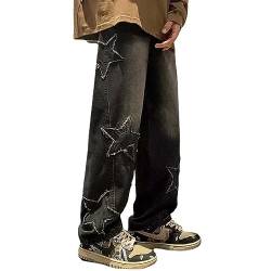 Herren Loose Fit Straight Leg Jeans Y2K Hip Hop Jeans Hosen Cargo Jeans Pants Freizeithose Vintage Breites Bein Denim Hosen Teenager Jungen Skateboard Jeanshosen Kreuz Aufnäher (Color : Black-2, Siz von LIXQQS
