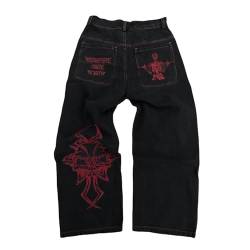 Herren Y2K Vintage-Stickerei Jeans, Trendige Denim-Hose mit Skelett-Stickerei, Lässige Streetwear Hip Hop Freizeithose Entspannte Passform und Wide-Leg Design (Color : Red, Size : XL) von LIXQQS