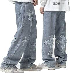 High Street Cross Patch Jeans Herren Trendige Marke Hip-Hop Hübsche Gerade Lose Lange Hosen mit Weitem Bein (Color : Blue, Size : M) von LIXQQS