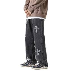 High Street Cross Patch Jeans Herren Trendige Marke Hip-Hop Hübsche Gerade Lose Lange Hosen mit Weitem Bein (Color : Schwarz, Size : S) von LIXQQS