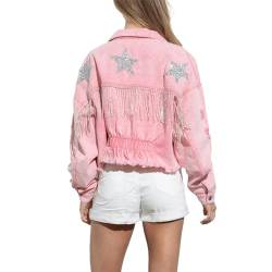 LIXQQS Edgy Cowgirl Chic Fransen Jacke Abgeschnittener Denim für Damen mit Funkelnden Sternen Festival Ready Look Bequeme und Stilvolle Oberbekleidung Y2K Vintage Jeansmantel (Color : Pink, Size : M) von LIXQQS