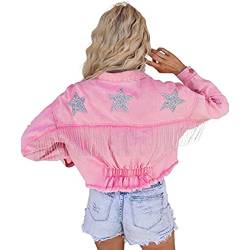 LIXQQS Lässige Damen Jeansjacke mit Fransen, Strasssteinen Denim Jeansjacke Langärmeliger Mantel Cowgirl (Color : Pink, Size : S) von LIXQQS