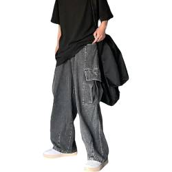 Y2K Jeans Herren Baggy Fit Jeans Straight Jeanshose Lockere Streetwear Loose Denim Pants Hose mit Weitem Bein Lässig Männer Straight Leg Kordelzug Elastische Taille (Color : Schwarz, Size : M) von LIXQQS