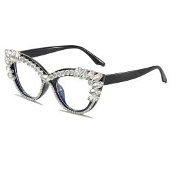 LJCZKA Blaulichtfilter Brille Damen Katzenaugen mit Strasssteinen, Vintage Brille Ohne Stärke Damen Strass Brille Computerbrille von LJCZKA