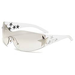 LJCZKA Randlose y2k Sonnenbrille für Damen Herren, Wrap Around Sonnenbrille übergroße Futuristische Brille mit Stern Unisex mit UV-Schutz von LJCZKA