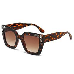 LJCZKA Retro Sonnenbrille Quadratisch Damen, Vintage Eckige Sonnenbrille Trendige Rechteckige Sonnenbrille Strasssteinen Diamant UV Schutz von LJCZKA