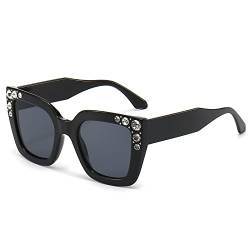 LJCZKA Retro Sonnenbrille Quadratisch Damen, Vintage Eckige Sonnenbrille Trendige Rechteckige Sonnenbrille Strasssteinen Diamant UV Schutz von LJCZKA