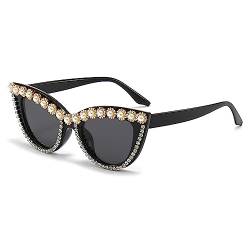 LJCZKA Vintage Katzenauge Sonnenbrille Damen Perlen, Retro Katzenaugen Sonnenbrille mit Strasssteinen Kleine Brille Strass Frauen mit UV-Schutz von LJCZKA