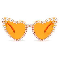LJCZKA Vintage Sonnenbrille Herz Perlen Damen Retro Sonnenbrille Klassisch Frauen Aesthetic Partybrille Herzbrille UV-Schutz von LJCZKA