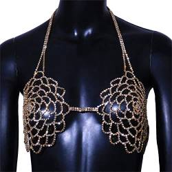 Körperkette Blumen Brustkette Strass Fransen BH-Kette Kristall Bikini Dessous Frau Sexy Nachtclub Kleidung (Golden) (Golden b) von LJQZFWXX