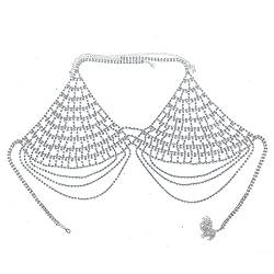 Körperkette Hohler Strass-BH-Oberteil Tanzschmuck für Frauen Quaste Körperkette Brust Kristall Bralette Unterwäsche Halskette (Hauptsteinfarbe: GOLD, Farbe: Set) (Silber) von LJQZFWXX