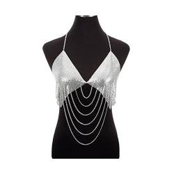 Party-Körperketten, sexy Metallgeflecht, Bikini, Strand, Quaste, quadratische Körperkette, Kleid, Charm, Pailletten, Geschirr, BH für Frauen, Party, Club, Körperschmuck, Körperschmuck (Goldfarbe) von LJQZFWXX