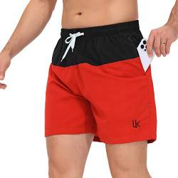 LK LEKUNI Badehosen für Herren Badehose Männer Badeshorts Herren Lang Schwimmhose Boardshorts Sommer SchnellTrocknend Schwimmshort Beachshorts Strandshorts Bademode für Herren Schwarz-Rot_M von LK LEKUNI