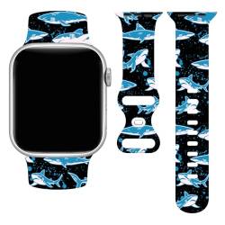 Shark Armband, kompatibel mit Apple Watch, 38 mm, 40 mm, 41 mm, süßes Meerestier-Silikonmuster, bedrucktes Ersatzzubehör, Handgelenk, kompatibel mit Erwachsenen, iWatch Serie 9, 8, SE Ultra von LKJHGFDSA