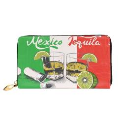 LKLDDPZB Mexiko-Flagge und Tequila-Druck, lange Leder-Clutch-Geldbörse, modisch schick und langlebig, mit doppelseitigem Druckdesign, Schwarz , Einheitsgröße von LKLDDPZB