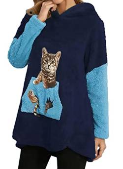 LKNBLIL Hoodie Damen Kapuzenpullover Teddy-Fleece Pullover Herbst Winter Warm Oberteil Langarm Einfarbig Drucke Sweatshirt (M, Blau) von LKNBLIL