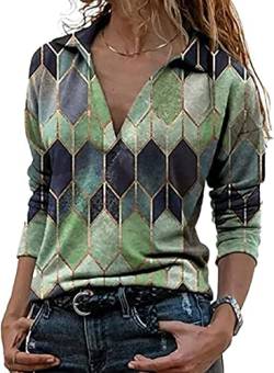 Langarm-T-Shirt, V-Ausschnitt, lässiger Stil, vorne, Blumenmuster, Tunika, Bluse Henley für Damen, Grün., 46 von LKNBLIL