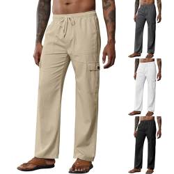 Herren Leinenhose Lang Leicht Sommerhose Baumwolle Cargo Loose Bequeme Hose Freizeithose Cargohose Baggy Stretch Stoffhose mit Kordelzug Herren Hosen Modern Strandhose Herrenhose Khaki 3XL von LKRSEEF