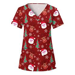 LKRSEEF Damen Weihnachten Motiv Bunt Pflege Kittel Krankenschwester Baumwolle Arbeitsbekleidung Bordeaux Uniform Kurzarm Gross Tshirt Altenpflege Kosmetik Arbeitskasack Schlupfhemd Klinikkleidung von LKRSEEF