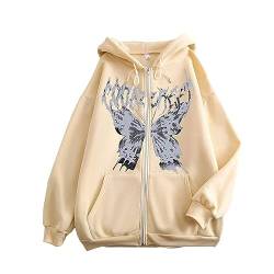 LKRSEEF Damen Y2K Jacke Zip Up Hoodies Goth Skeleton Strass Graphics Harajuku Oversized Sweatshirt Vintage Kapuzenjacke Kordelzug Sweatjacke mit Kapuze 90er E-Girl Tops Khaki M von LKRSEEF