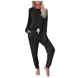 LKRSEEF Pyjama Set Damen Homewear Schlaf Warmer Nachtwäsche Aesthetic Oberteil Teenager Mädchen Elegant Langarm Rundhals Weich Schlafanzug Schlafhose Pyjamahose von LKRSEEF