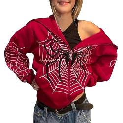 LKRSEEF Vintage Zip Hoodie - Damen Zip Up Oversized Hoodie Große Spinnennetz Print Muster Y2K Hoodie Gothic Punk Jacke Sweatshirt von LKRSEEF