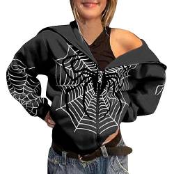 LKRSEEF Zipper Hoodie Y2k - Damen Zip Up Oversized Hoodie Große Spinnennetz Print Muster Y2K Hoodie Gothic Punk Jacke Sweatshirt von LKRSEEF