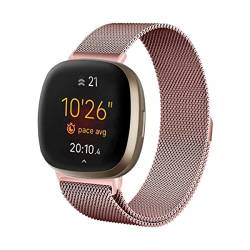 LKTM Edelstahl Mesh Uhrenarmband Kompatibel mit Fitbit Versa 2 Armband Fitbit Versa Armband für Damen Herren,Metal Sport Magnetverschluss Ersatzarmband für Fitbit Versa Lite/Versa SE (Rosa,L) von LKTM