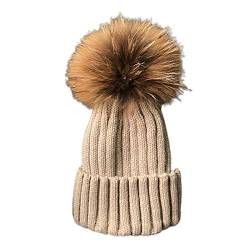 LKXHarleya Upgrade Eltern-Kind Winter Strickmütze Mützen Samtfutter mit Bommel, Süßes Warmes Dickes Fellmütze Zubehör für Erwachsene Jungen Mädchen, 2 Größe, Khaki (üBer 7 Jahre) von LKXHarleya