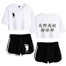 LKY STAR Damen Anime Sets Haikyuu Merch T-Shirt und Shorts 2 Stück Karasuno Crop Top & Shorts Cosplay Modisch Sport-Sets Hinata Shoyo von LKY STAR