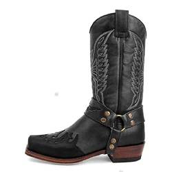 LLDG Herren westernstiefel Modische Stickerei Cowboystiefel Vintage Langschaft Schlupfstiefel Retro Slip-On Stiefel rutschfest Lederstiefel mit Blockabsatz Herrenstiefel Winterstiefel Reiterstiefel von LLDG