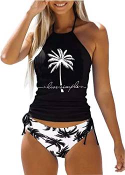 Damen Live Simple Coconut Tree Halfter Tankini Set Verstellbare Träger Strand Badeanzug Bikini Set, Schwarz 3, Large von LLHXRUI
