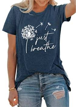 Just Breathe Dandelion T-Shirt für Damen, Pusteblumen-Grafik, kurzärmelig, christliche Shirts Tops, marineblau, X-Groß von LLHXRUI