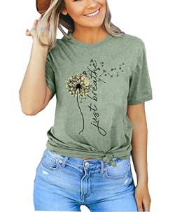 Just Breathe Dandelion T-Shirt für Frauen Dandelion Graphic Tees Kurzarm Christliche Shirts Tops, lichtgrün, Mittel von LLHXRUI