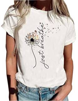Just Breathe Löwenzahn-T-Shirt für Damen, Löwenzahn-Grafik-T-Shirt, kurzärmelig, christliche Shirts, Weiß-4, Mittel von LLHXRUI
