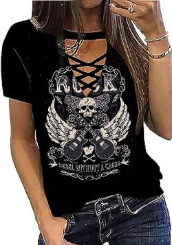 LLHXRUI Vintage Rock and Roll T-Shirts für Frauen Casual Country Music T-Shirts Lustige Sommer Rock Band Konzert Shirt Top, Schwarz-6, X-Groß von LLHXRUI