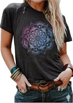 Mandala-Shirt für Damen, Lotusblüte, Grafik-T-Shirt, kurzärmelig, lässig, Mandala-T-Shirts, Tops, Dunkelgrau-1, Mittel von LLHXRUI