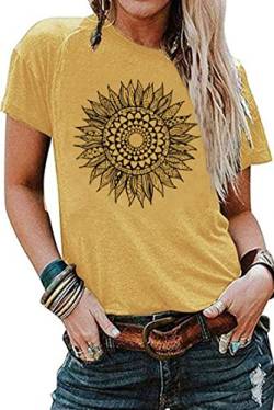 Mandala-Shirt für Damen, Lotusblüte, Grafik-T-Shirt, kurzärmelig, lässig, Mandala-T-Shirts, Tops, gelb, Mittel von LLHXRUI