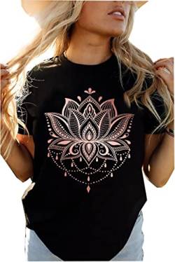 Mandala-Shirt für Damen, Lotusblume, grafische T-Shirts, kurzärmelig, lässiges Mandala-T-Shirt, Tops, Schwarz, Mittel von LLHXRUI