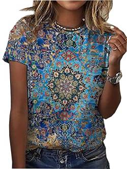 Mandala-Shirt für Damen, Lotusblumen-Grafik, kurzärmelig, lässig, Mandala-T-Shirt, Tops, Floral-4, Mittel von LLHXRUI