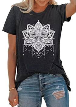 Mandala-Shirt für Damen, Lotusblumen-Grafik, kurzärmelig, lässig, Mandala-T-Shirts, dunkelgrau, Mittel von LLHXRUI